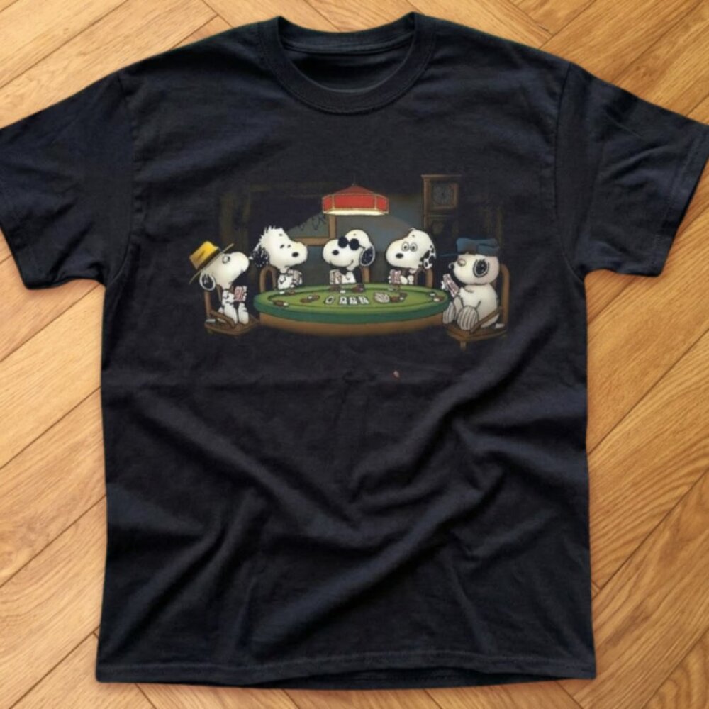 Funny Snoopy Poker Night Graphic T Shirt Black Cartoon Dog Poker Game Tee